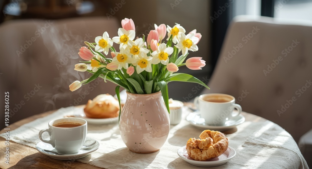 Fototapeta premium Fresh spring flowers arranged in a pink ceramic vase on a cozy cafe table