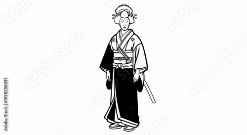 Traditional Japanese woman in kimono with sword, black and white ink drawing