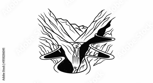 Stylized river cascades through jagged mountain canyon