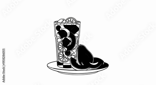 Tall glass of iced beverage with citrus slices and question mark, alongside fruit