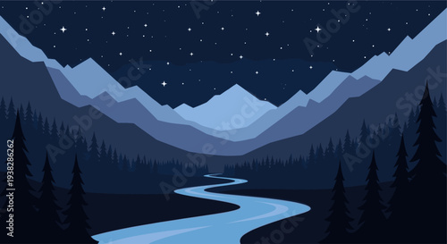 A minimalist landscape illustration showing a river winding through a forest and mountains under a dark blue, starry night sky, creating a peaceful and serene mood.