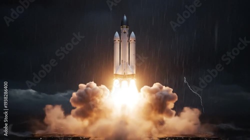 Rocket Launching into Stormy Night Sky.