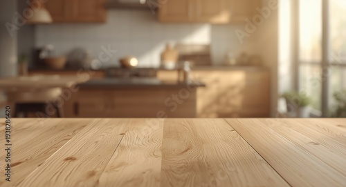 Light wooden table with a mellow defocused kitchen backdrop