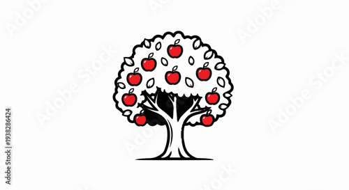 Stylized apple tree with red fruit and white outline