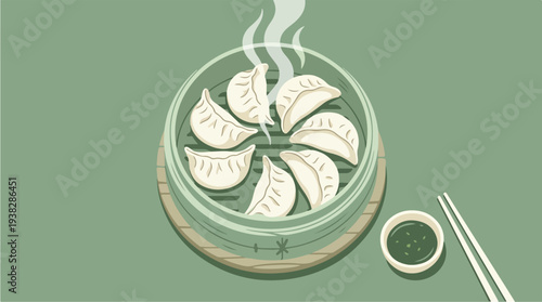 Steaming Dumplings in Bamboo Steamer with Soy Sauce and Chopsticks.