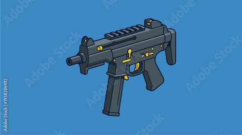 Stylized Isometric Submachine Gun Icon on Blue Background.