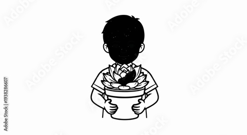 A stylized illustration of a child holding a potted plant