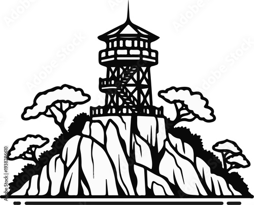 A striking black and white graphic of a fire lookout tower atop a rocky hill