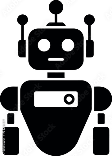 Black robot icon with square head and circular display
