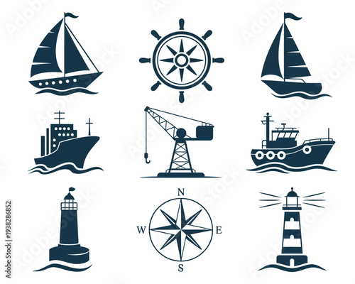 Marine Nautical Solid Icon Set Featuring Sailing Sea Equipment Boat Anchor Compass Ship Helm Ocean Navigation Silhouette Vector Symbols
