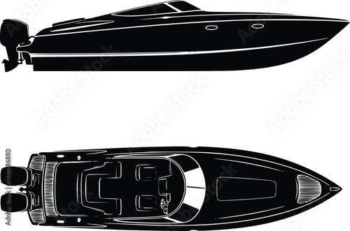 Luxury speedboat in black and white vector illustration, side and top view, flat design