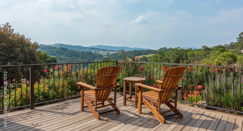 Fototapeta premium Comfortable wooden chair terrace in a vibrant garden setting with expansive hill views