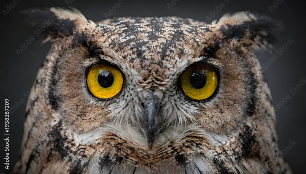 Fototapeta premium Intense close-up of a majestic horned creature's head, featuring piercing yellow eyes that convey curiosity, wisdom, and vigilance, against a dark backdrop