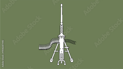 Vintage Machine Gun on Tripod with Ammunition Belt.