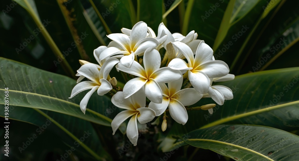 Fototapeta premium Elegant arrangement of white plumeria flowers on a tree with striking green foliage and a fresh vibe