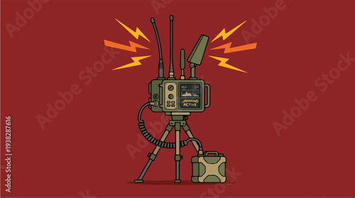 Vintage Radio Transmitter on Tripod with Antennas and Signal Waves.