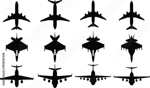 Black silhouette vector illustrations of diverse aircraft in top‑down view, including commercial airliners, fighter jets, and cargo planes, perfect for aviation, transport, and design projects