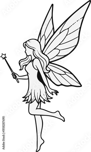A stylized outline of a fairy with large wings and a wand