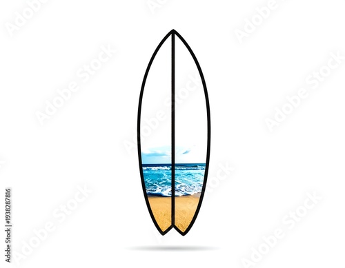 Surfboard silhouette filled with beach imagery waves, sand, and sky