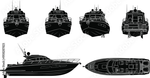 Black silhouette vector set of luxury motor yacht icons with side top and front views isolated on white background for nautical design and transport