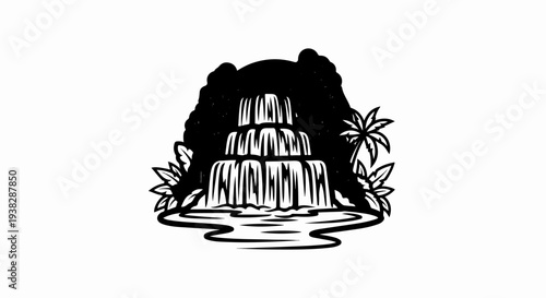 A tiered waterfall cascades into a pool, surrounded by lush foliage and palm trees