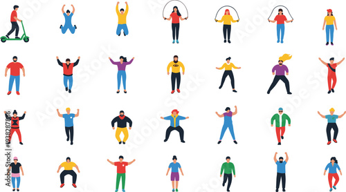 Colorful vector collection of diverse people performing physical activities and poses, including running, dancing, skipping, and scooter riding, ideal for fitness, recreation, and lifestyle projects