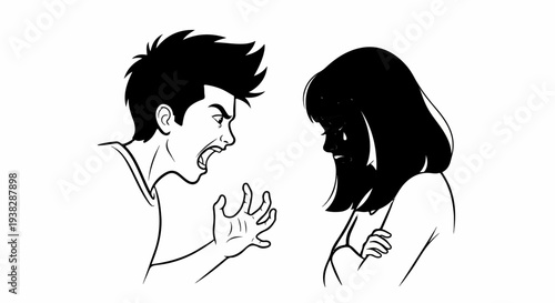 Angry man yelling at a distressed woman, she cries tears of sadness