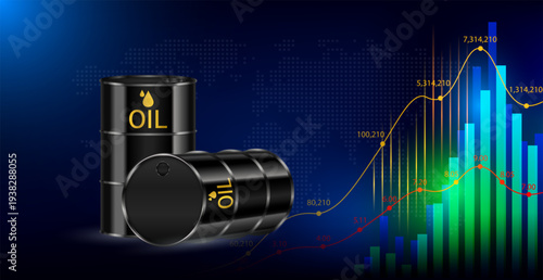 Black crude oil tank or Oil barrel on world map. Stock market trends chart oil prices from War Crisis. Banner vector.