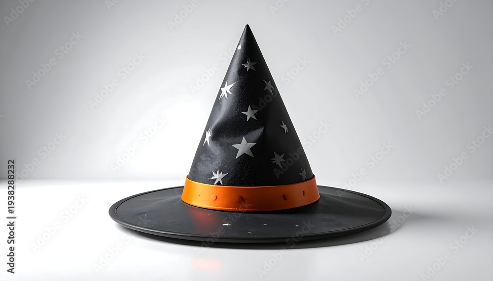 Fototapeta premium Black witch hat with silver stars & orange band sits against a white backdrop, casting faint shadow