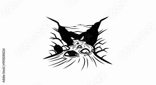 Black and white sketch of a flowing river between rocky cliffs