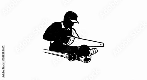 Black and white silhouette of a person with a saw cutting pipes