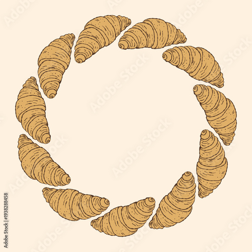French Croissant Wreath Vector Illustration. Circular Frame of Flaky Butter Pastries for Patisserie Branding, French Bakery Logo, Morning Coffee Menu, and Elegant Kitchen Decor.