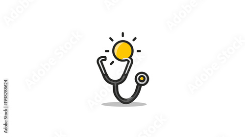 A medical stethoscope with a yellow sun radiating above it on a white background