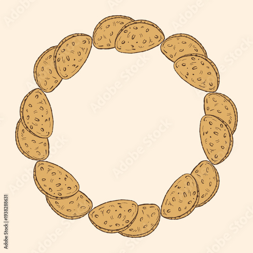 Hand-Drawn Rustic Bread Rolls Wreath Vector Illustration. Circular Frame of Freshly Baked Artisan Buns for Bakery Menu, Organic Food Label, and Kitchen Wall Art Decor