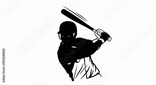 Black and white illustration of a baseball player swinging a bat