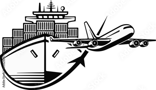 Cargo ship and airplane, symbolizing global transport and logistics