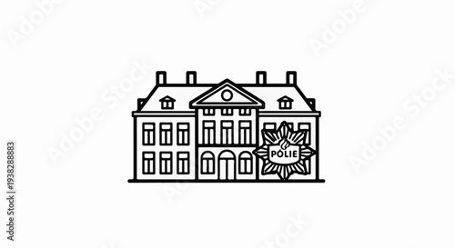 Stylized line art of a building with a badge reading POLIE