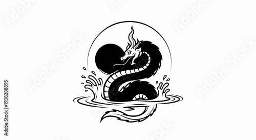 Stylized black dragon coiled in water under a circular frame