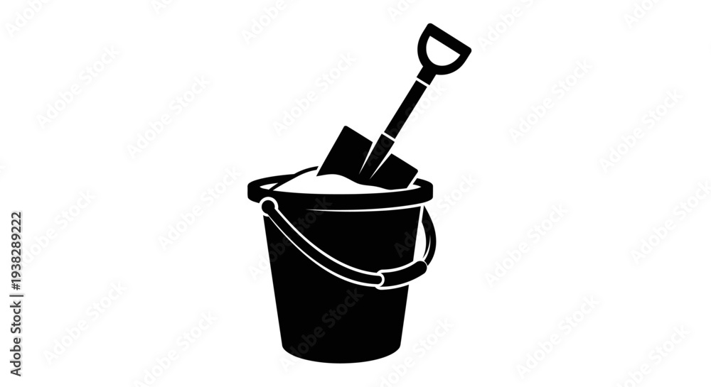 Fototapeta premium Solid Black Sand Bucket with Shovel Silhouette Minimal Beach Vector Illustration