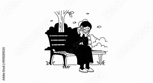 Person sitting on bench under tree, head in hands, looking sad