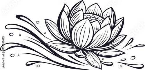 A stylized, symmetrical illustration of a water droplet or a blooming flower in a monochrome, line art style dominates the center of the frame. The central form is a teardrop or petal-like shape, intr