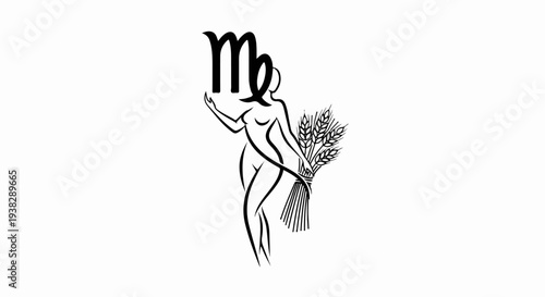 Minimalist drawing of a female figure holding wheat stalks and the Virgo symbol