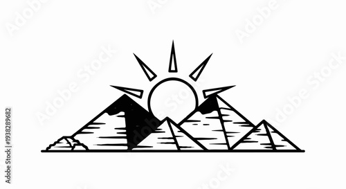 Minimalist sun rising behind jagged mountains and rocky foreground