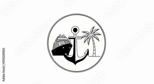 Nautical emblem with cruise ship, anchor, and palm tree