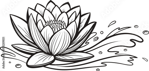 A stylized, symmetrical illustration of a water droplet or a blooming flower in a monochrome, line art style dominates the center of the frame. The central form is a teardrop or petal-like shape, intr