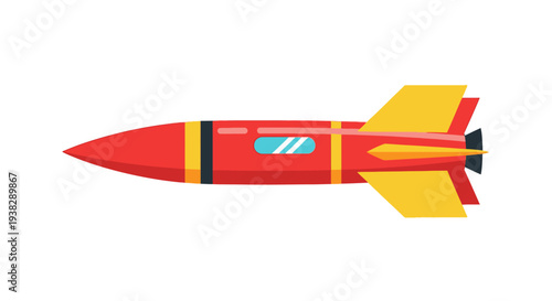 Red and yellow rocket ship flying, side view, isolated on white background