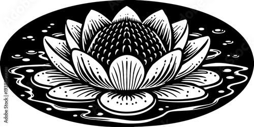 A stylized, symmetrical illustration of a water droplet or a blooming flower in a monochrome, line art style dominates the center of the frame. The central form is a teardrop or petal-like shape, intr