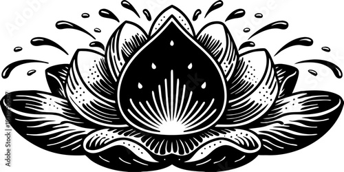 A stylized, symmetrical illustration of a water droplet or a blooming flower in a monochrome, line art style dominates the center of the frame. The central form is a teardrop or petal-like shape, intr