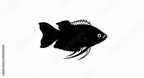 Black fish with white eye and fin detail against white background