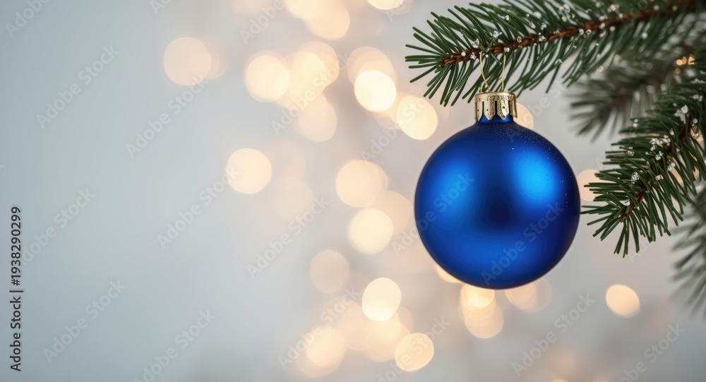 Obraz premium Decorated Christmas branch holding a cobalt blue bauble with gentle blurred lights
